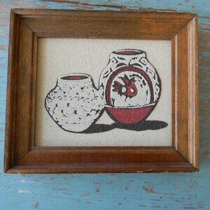 SMALL Hand Made Glazed American Pueblo Pottery Art Picture Framed   Made Of Sand